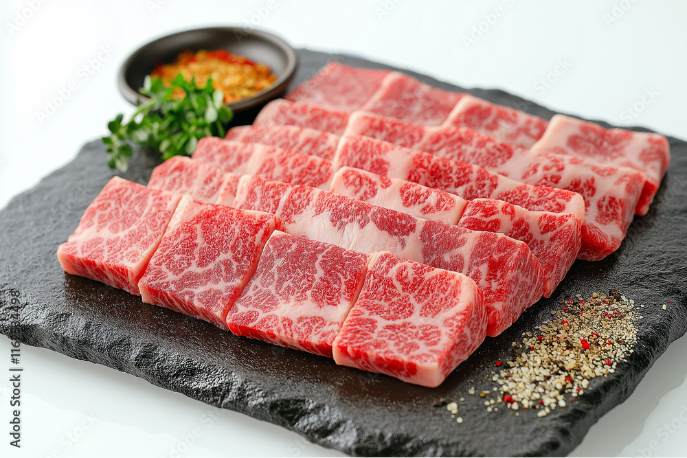 Marbled Wagyu beef slices on a black slate plate, accompanied by seasoning and herbs. Marbled Wagyu beef slices on a black slate plate, accompanied by seasoning and herbs.