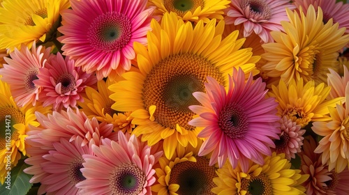Bright bouquet of gerbera daisies in pink and yellow.