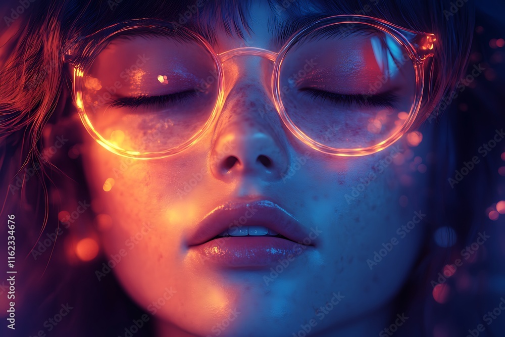 Neon Lit Woman Wearing Glasses Eyes Closed Neon Lit Woman Wearing Glasses Eyes Closed