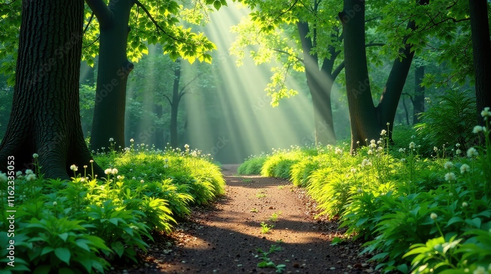 Fototapeta premium Sunbeams Illuminate Serene Forest Path Lined with Lush Green Plants and Delicate White Blossoms