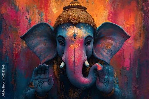 Majestic ganesha blessing with raised hands on colorful abstract background photo