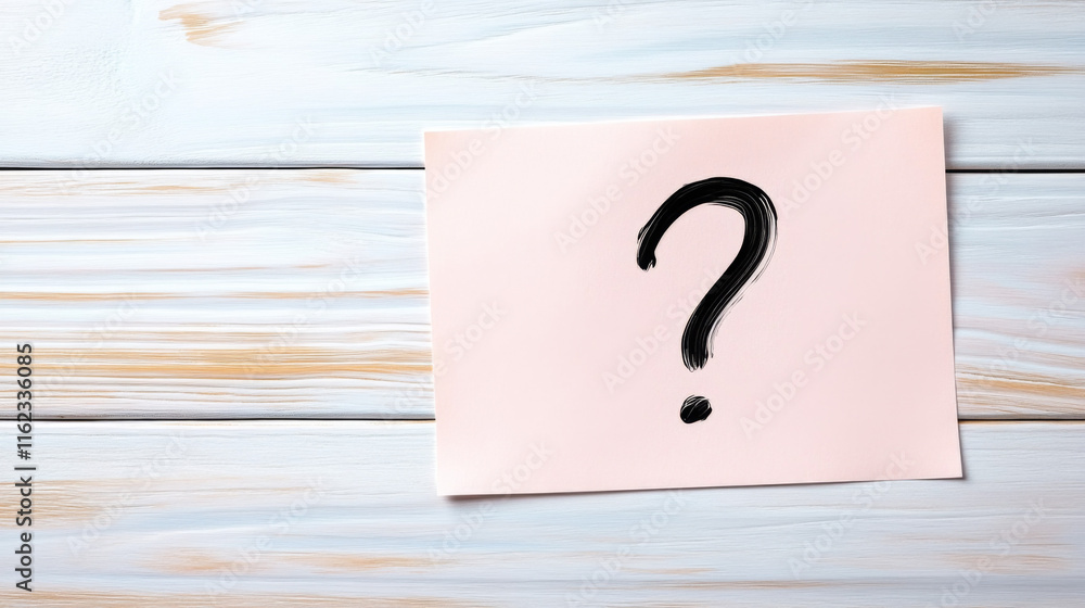 Creative question mark on pink paper resting on wooden table Creative question mark on pink paper resting on wooden table