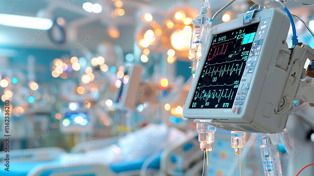 Fototapeta premium hospital room with medical monitors displaying vital signs and equipment. atmosphere is clinical and focused on patient care