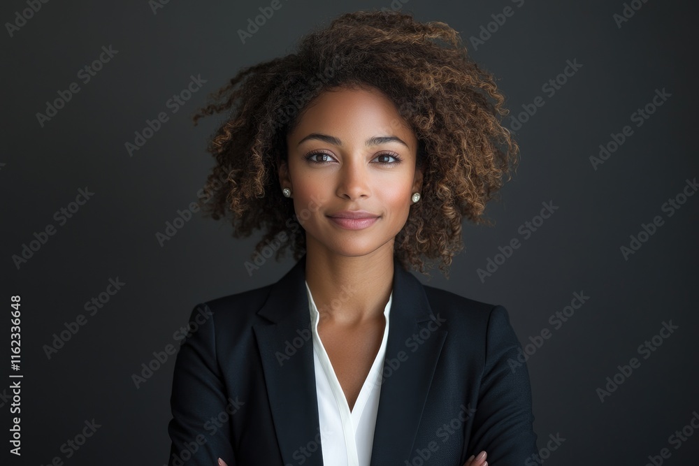 Confident businesswoman smiling with folded arms on dark background Confident businesswoman smiling with folded arms on dark background