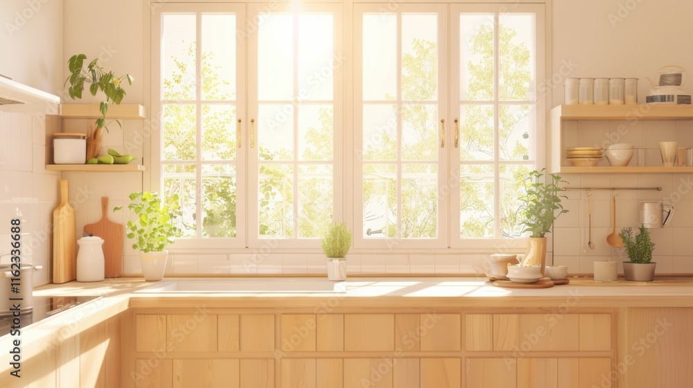 Bright Sunny Kitchen with Wooden Cabinets and Large Window View Bright Sunny Kitchen with Wooden Cabinets and Large Window View