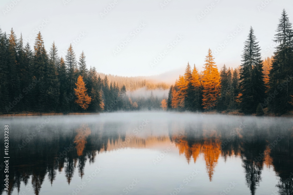 Beautiful autumn morning over a tranquil lake surrounded by trees Beautiful autumn morning over a tranquil lake surrounded by trees