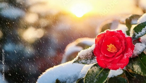 初日の出が背景。椿の花のサムネイル用写真とバナー用写真。 photo