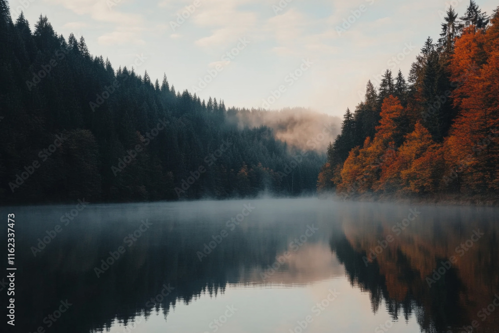Fototapeta premium Calm lake surrounded by trees and mist during early morning in autumn