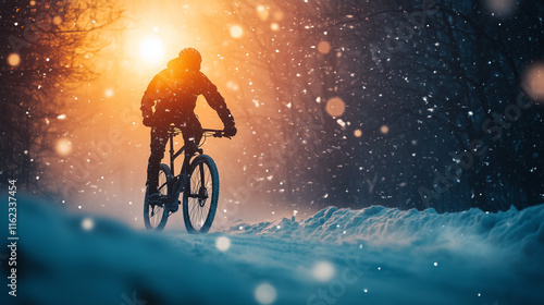 Cyclist in snowstorm illuminated by glowing orange light
