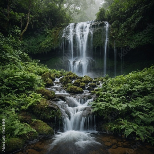 A cascading waterfall forming the shape of a heart, surrounded by lush greenery and soft mist.