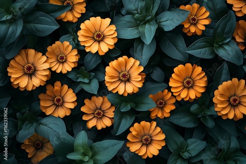 Orange Zinnia Flowers Amidst Lush Dark Green Foliage photo