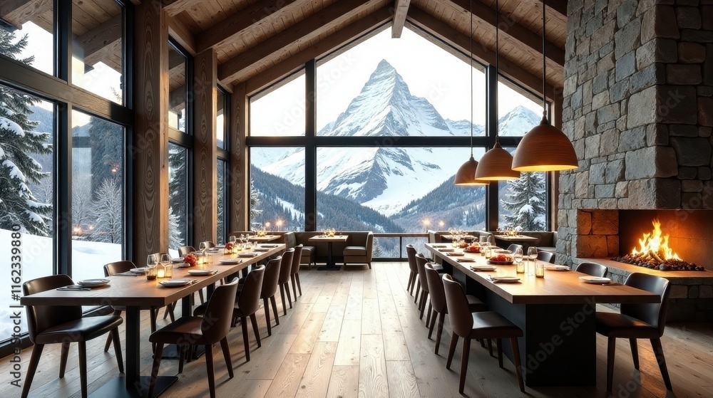 Fototapeta premium Mountain View Dining Room A Luxurious Chalet with Panoramic Windows and a Cozy Fireplace