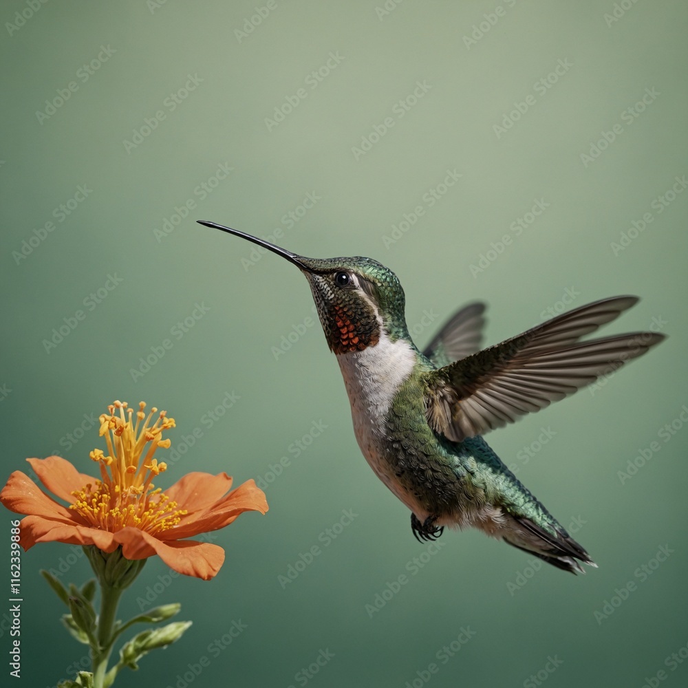 Fototapeta premium A hummingbird hovering near a flower on a pale green background.