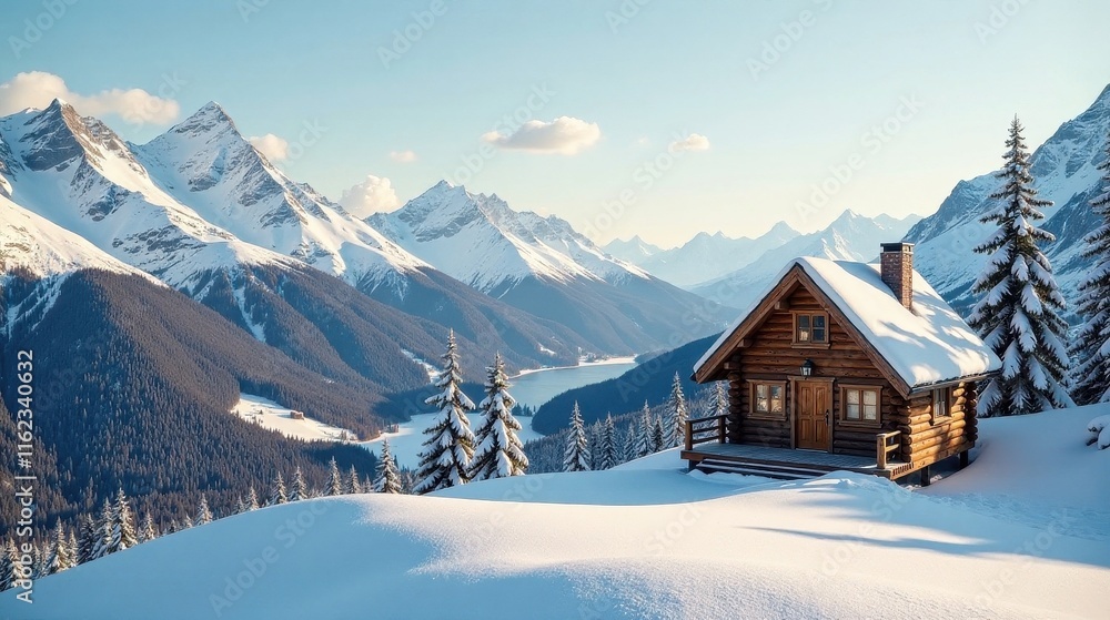 Fototapeta premium Secluded Wooden Cabin Nestled Amidst a Breathtaking Snowy Mountain Range, Offering a Serene Winter Escape