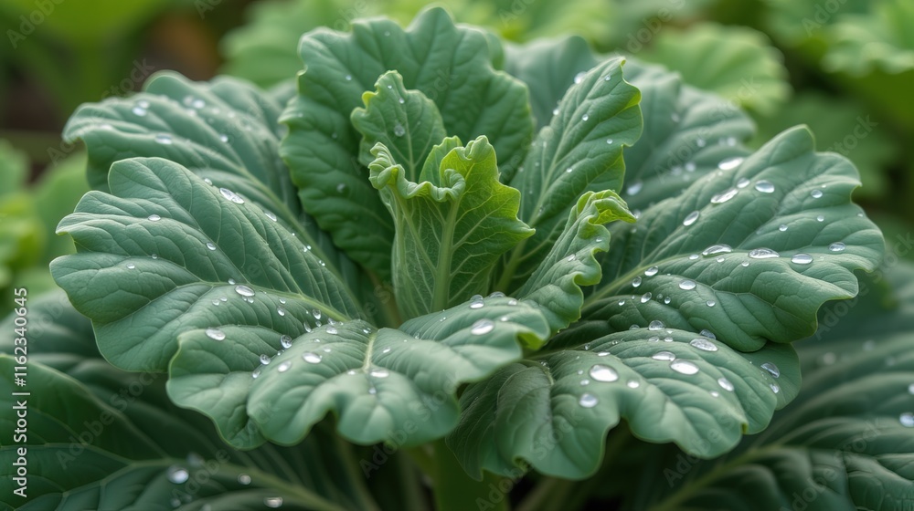 Fresh green kale leaves with morning dew drops Fresh green kale leaves with morning dew drops