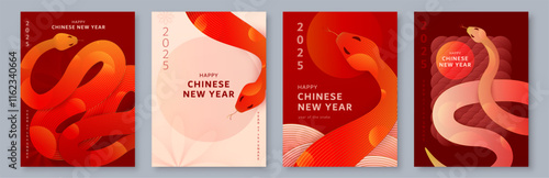 Chinese New Year 2025 vector background. Asian new year of the snake celebration cards in red, gold color, line gradient elements. Creative lunar snake celebration templates
