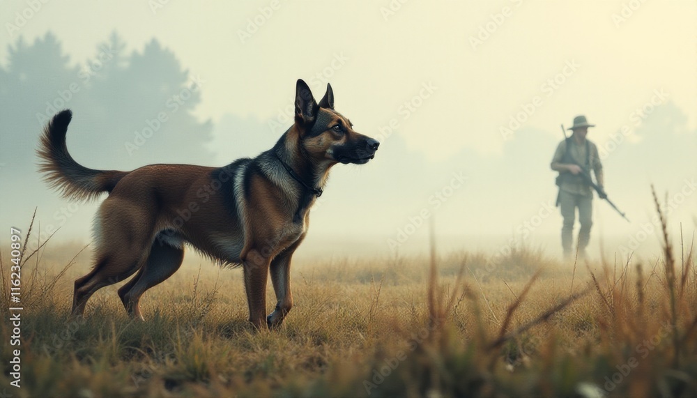 Misty morning adventure with a dog and a lone figure in the serene landscape Misty morning adventure with a dog and a lone figure in the serene landscape