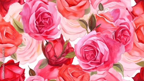 Seamless vibrant rose floral pattern with shades of red and pink on a white background, ideal for romantic themes