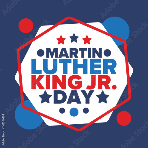 Martin Luther King, Jr. Day. Celebrated annual in United States in January, federal holiday. African American Rights Fighter. Patriotic american elements. Poster, card, banner, background. Vector