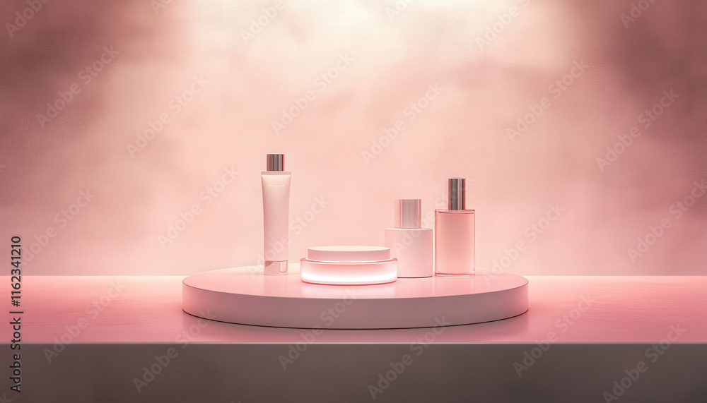 Pink Beauty Products Display Skincare Cosmetics Cream Lotion Perfume Bottle Jar Elegant Minimalist Pink Beauty Products Display Skincare Cosmetics Cream Lotion Perfume Bottle Jar Elegant Minimalist