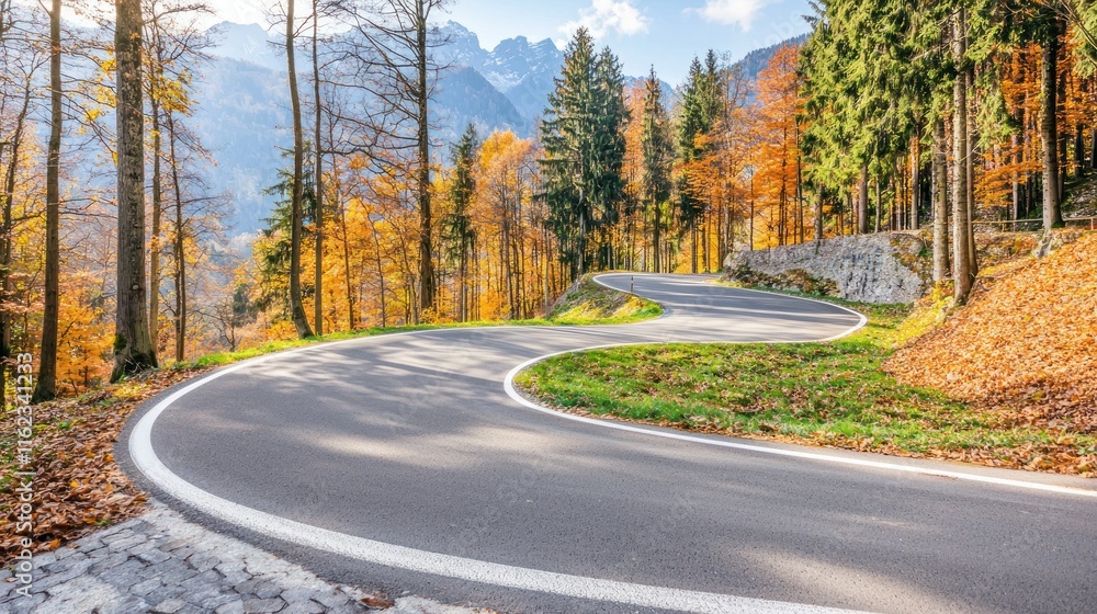 Fototapeta premium Scenic winding road through autumn forested mountains.