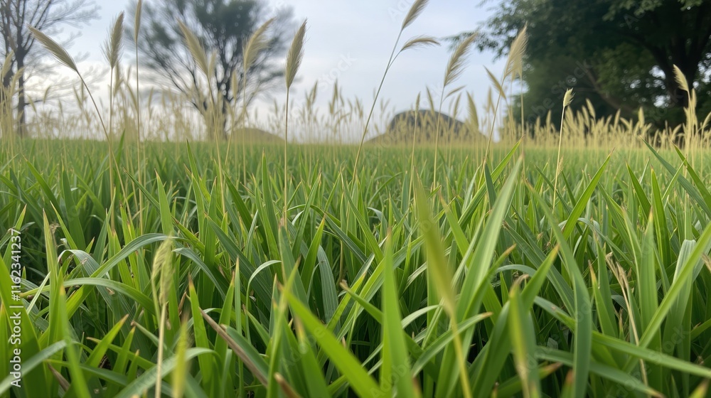 Fototapeta premium Green field with tall grass in forested park