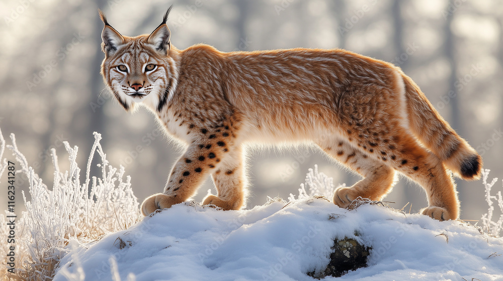 Lynx standing on snow-covered hill in frosty sunlight Lynx standing on snow-covered hill in frosty sunlight