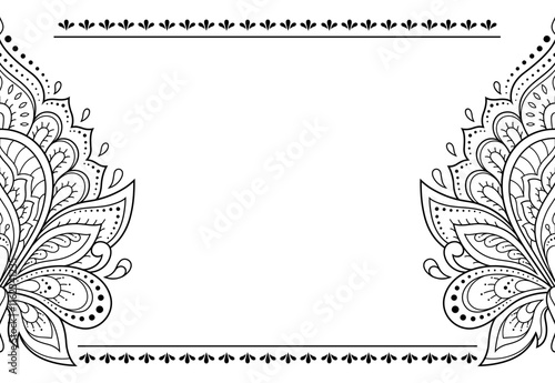 Frame in eastern tradition. Stylized with henna tattoos decorative pattern for decorating covers for book, notebook, casket, magazine, postcard and folder. Flower border in mehndi style.
