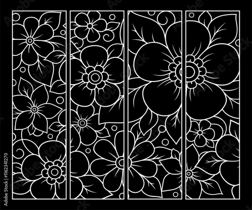 Printable bookmark for book - coloring. Set of black and white labels with flower patterns, hand draw in mehndi style. Sketch of ornaments for creativity of children and adults with colored pencils.