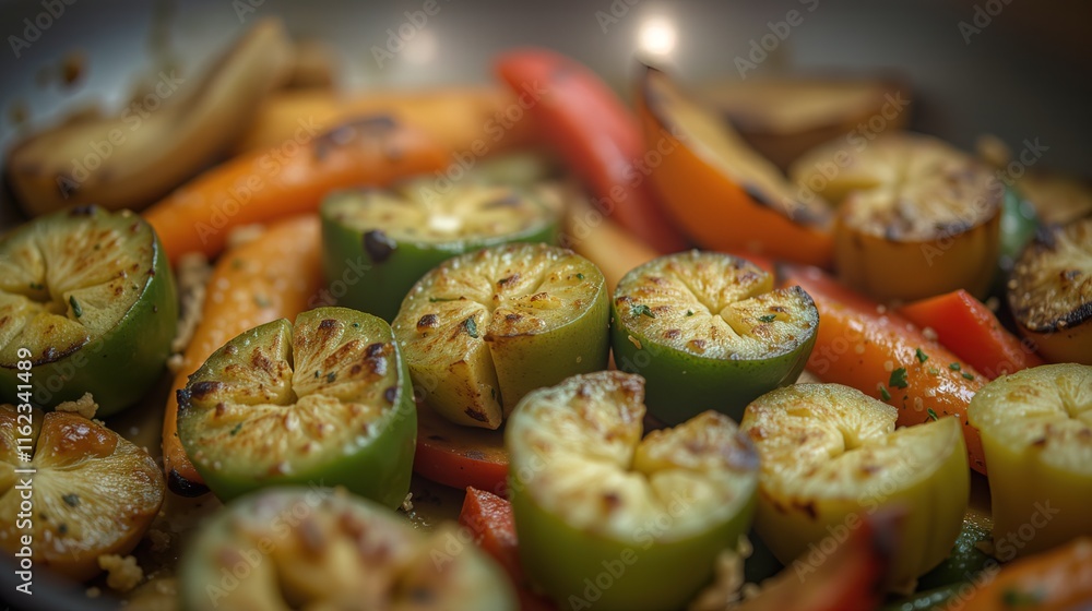 Grilled vegetables with char marks on stovetop Grilled vegetables with char marks on stovetop
