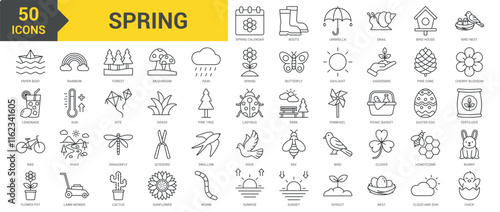 Spring icon collection set. Containing spring calendar, boots, umbrella, snail, bird house, birds, paper boat, mushroom, rain, lemonade, bike, flower, rainbow, forest, sunrise icon. Simple line vector