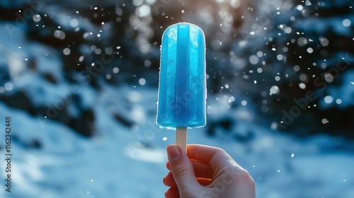 human hand holding a blue popsicle outside in winter, snowing