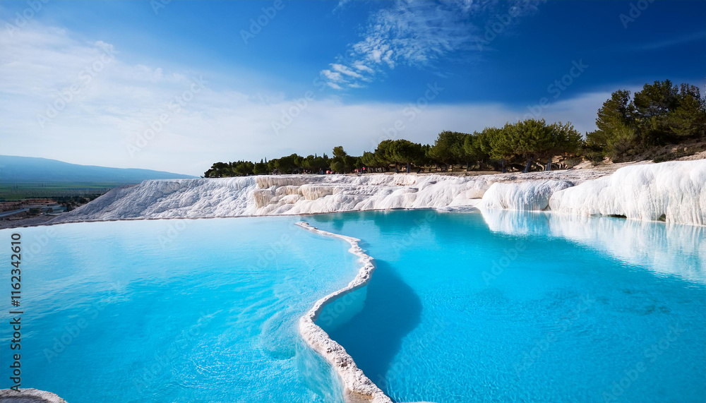 Fototapeta premium natural mineral pool with clear blue water and white travertine formations against a backdr