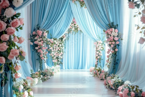 Romantic Wedding Aisle Decor: Pastel Pink Roses and Light Blue Drapes