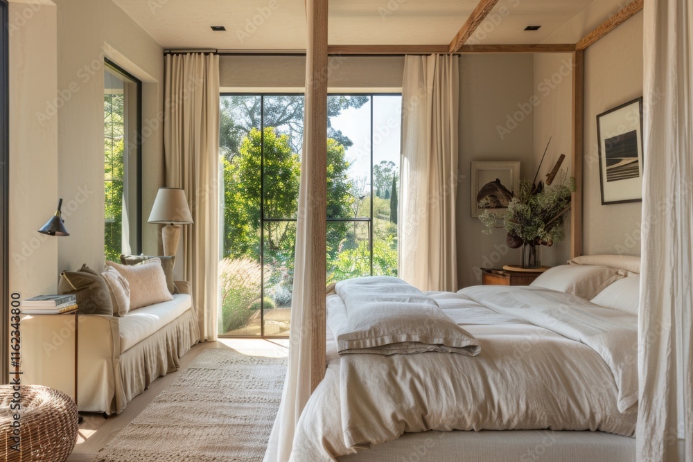 Serene Bedroom Design with Natural Light and Lush Greenery Views Serene Bedroom Design with Natural Light and Lush Greenery Views
