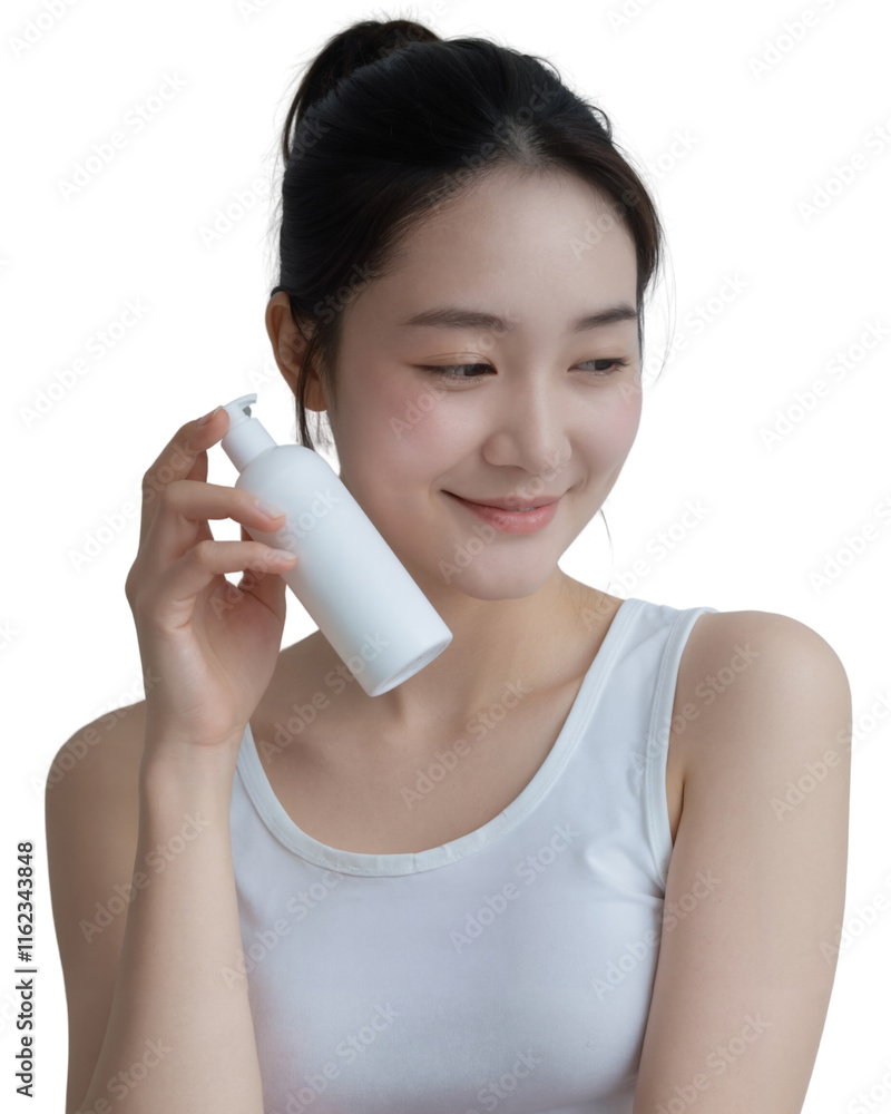 A young Asian woman with fair skin and dark hair tied back smiles, holding a white bottle. on white background A young Asian woman with fair skin and dark hair tied back smiles, holding a white bottle. on white background