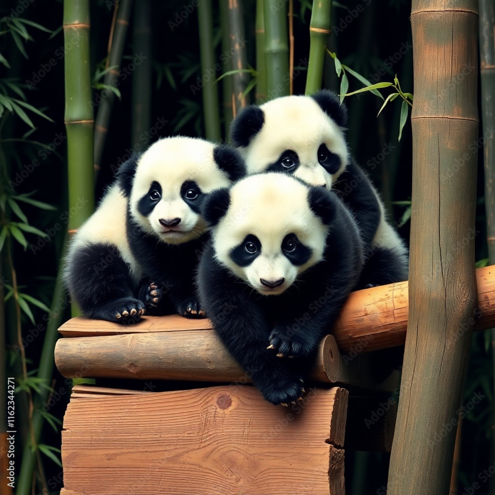 Fototapeta premium Baby Pandas Playing in Natural Bamboo Habitat