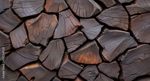 Dark wood logs stacked together create an organic texture background photo