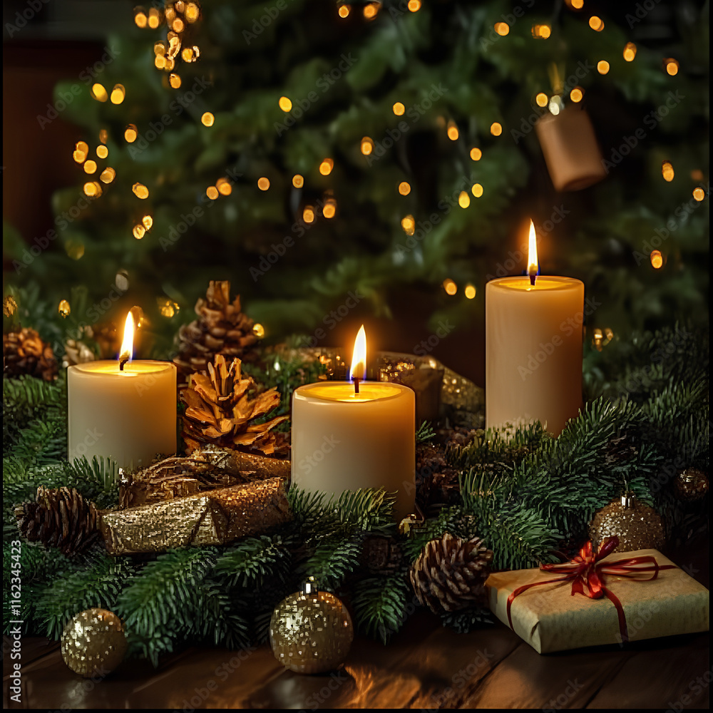 Cozy magical atmosphere candles and Christmas tree Cozy magical atmosphere candles and Christmas tree