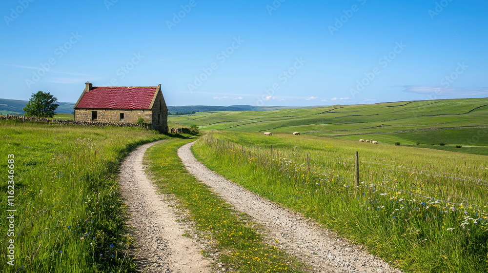 Obraz premium Serene Countryside Landscape with Rolling Green Fields and Charming Cottage