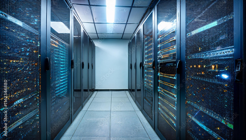 Network And Data Servers Behind Glass Panels In A Server Room Network And Data Servers Behind Glass Panels In A Server Room