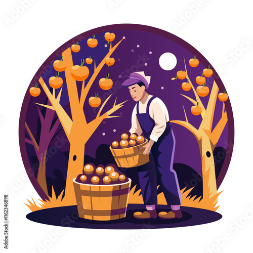 A flat illustration of a man harvest fruits in fall season 