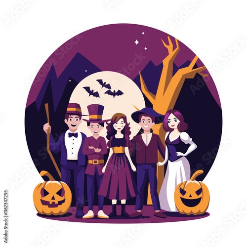 A flat illustration of people wearing halloween costumes 
