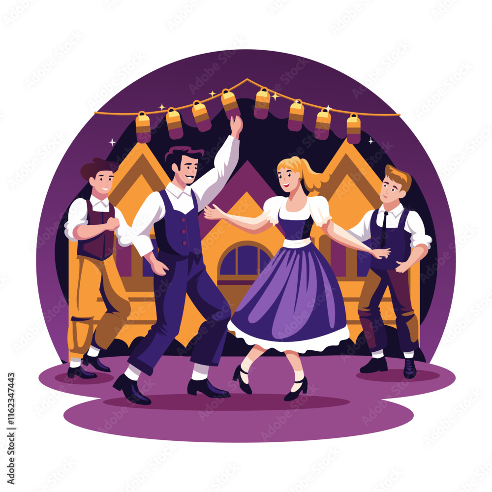 Obraz premium A flat illustration of people doing oktoberfest dance 