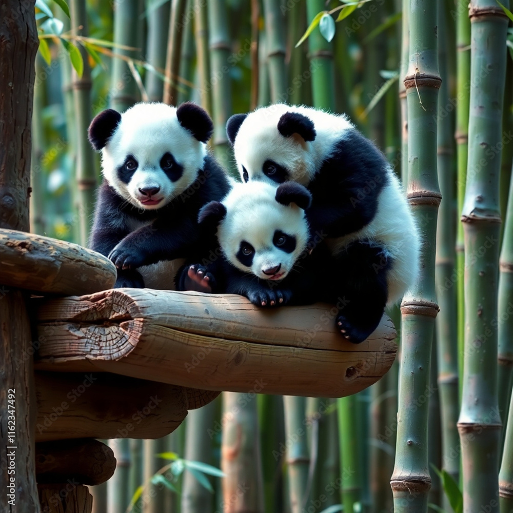 Obraz premium Baby Pandas Playing in Natural Bamboo Habitat