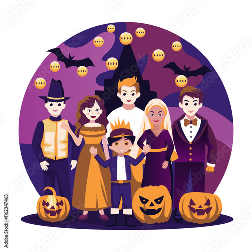 A flat illustration of people wearing scary costumes depicting happy halloween festival 