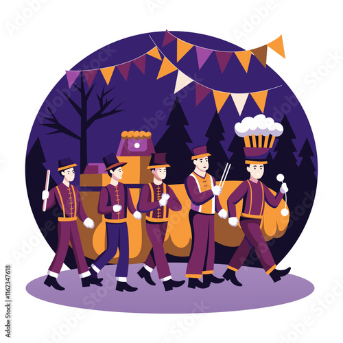 A flat illustration of festive marching band 