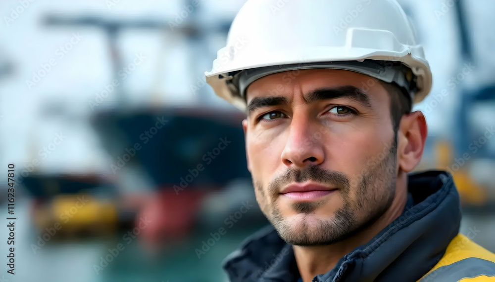 Fototapeta premium Portrait of a Focused Surveyor at a Busy Port, Serious and Determined Expression, Hard Hat and Safety Gear