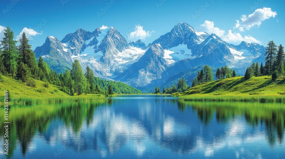 Scenic mountain landscape with a serene lake reflecting the peaks and lush greenery. Scenic mountain landscape with a serene lake reflecting the peaks and lush greenery.