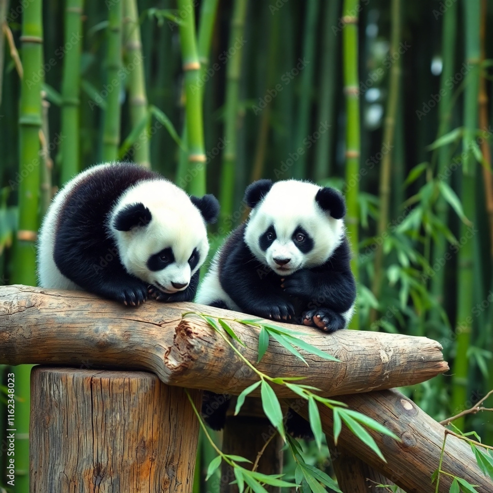 Obraz premium Baby Pandas Playing in Natural Bamboo Habitat